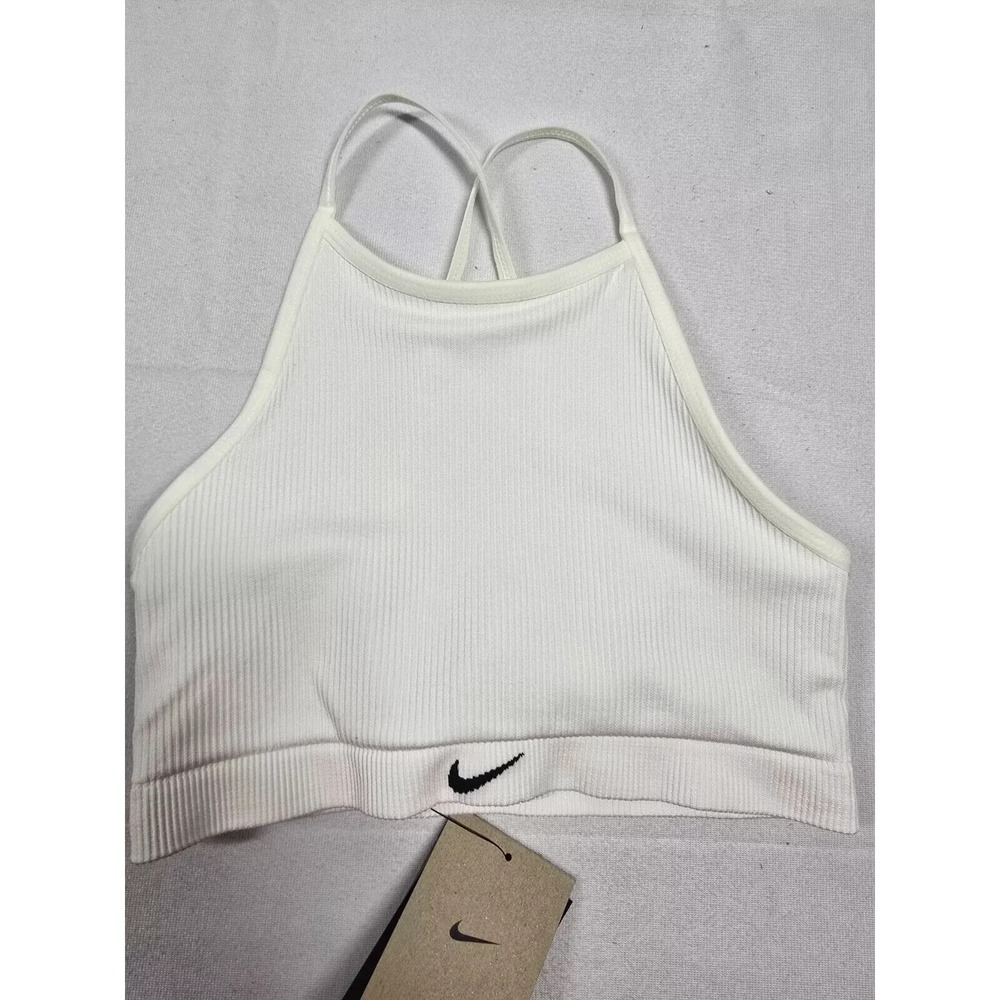 Nike White Ribbed High-Neck Sports Bra with Black Swoosh